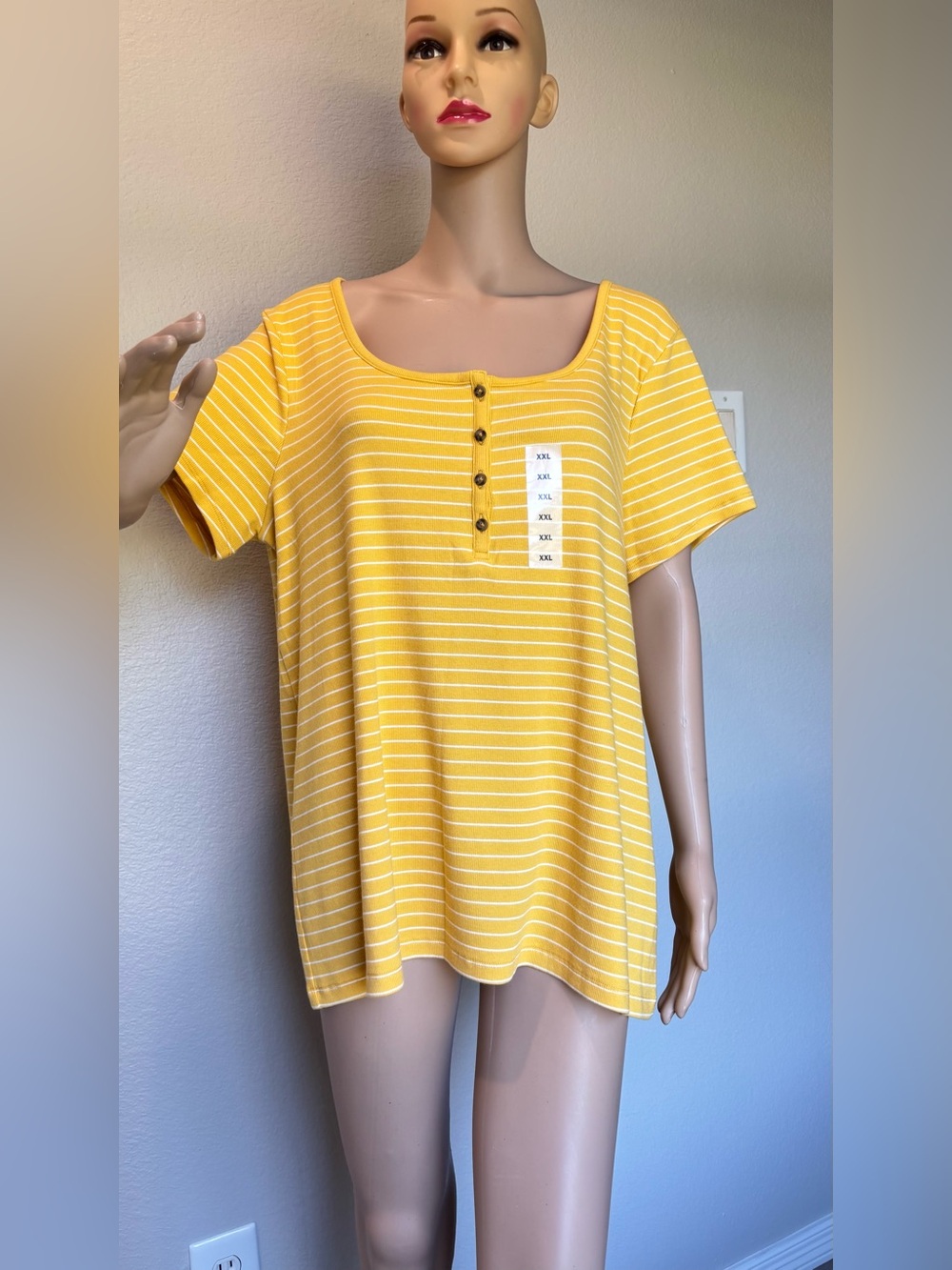 Old Navy Yellow and White Striped Henley Short Sleeve Top
